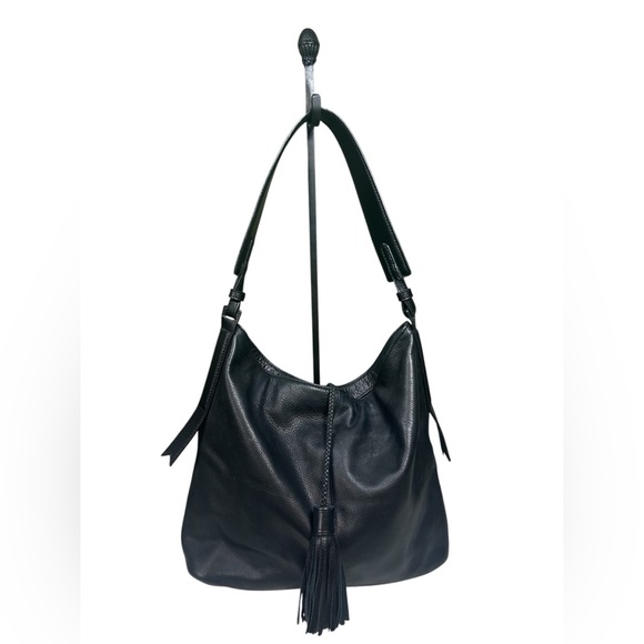 Margot Black Leather hobo shoulder bag tassel classic everyday minimalist - Picture 3 of 7